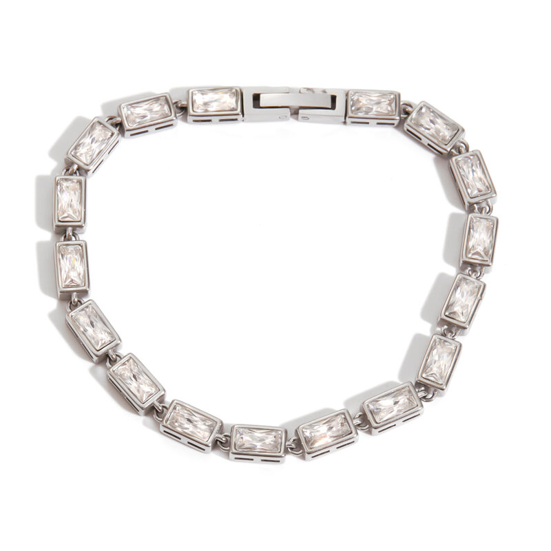 Minimalist Steel Tone Rectangular White Zirconia Bracelet