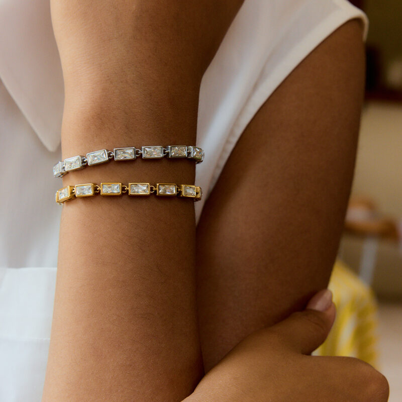 Minimalist Steel Tone Rectangular White Zirconia Bracelet - Image 4