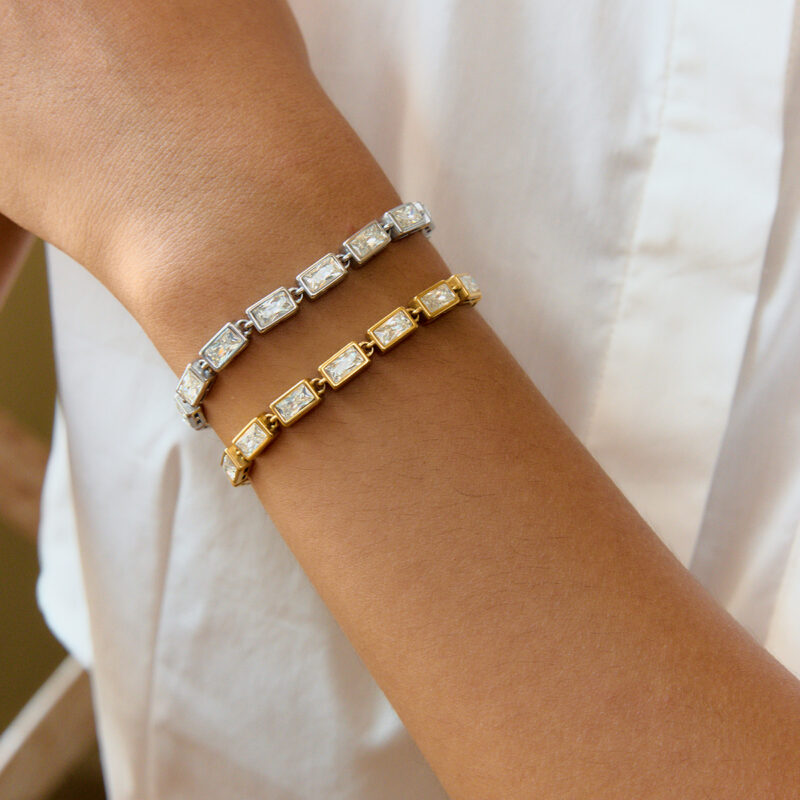 Minimalist Steel Tone Rectangular White Zirconia Bracelet - Image 3