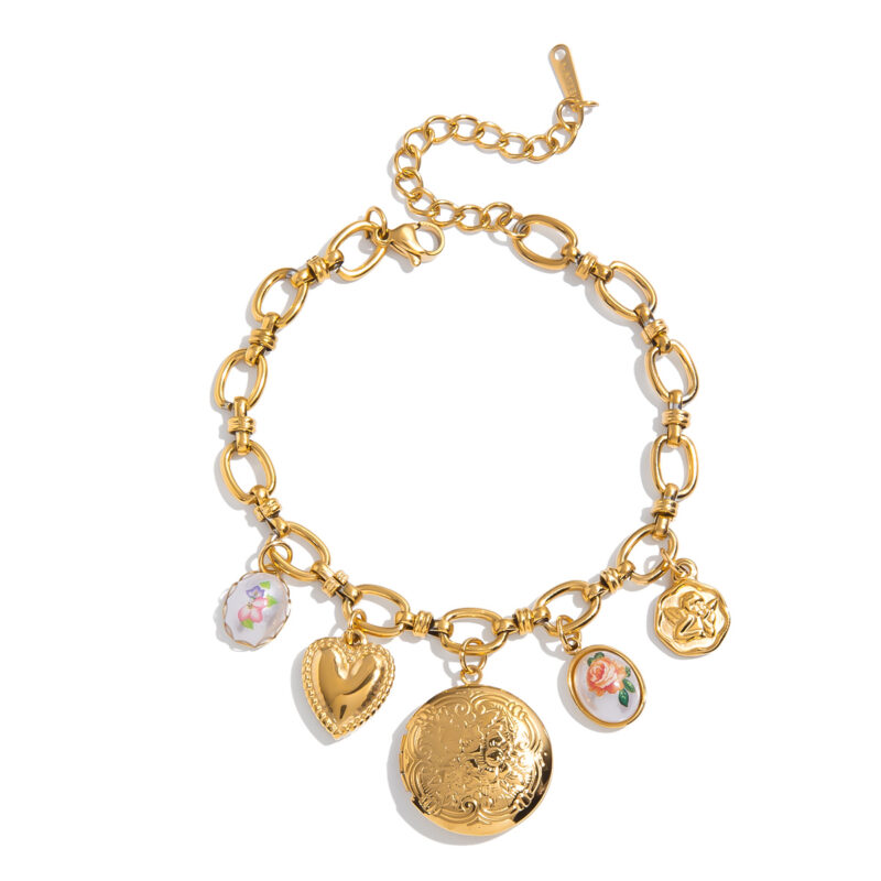 Romantic Gold Acrylic Pearl Angel Heart Locket Bracelet