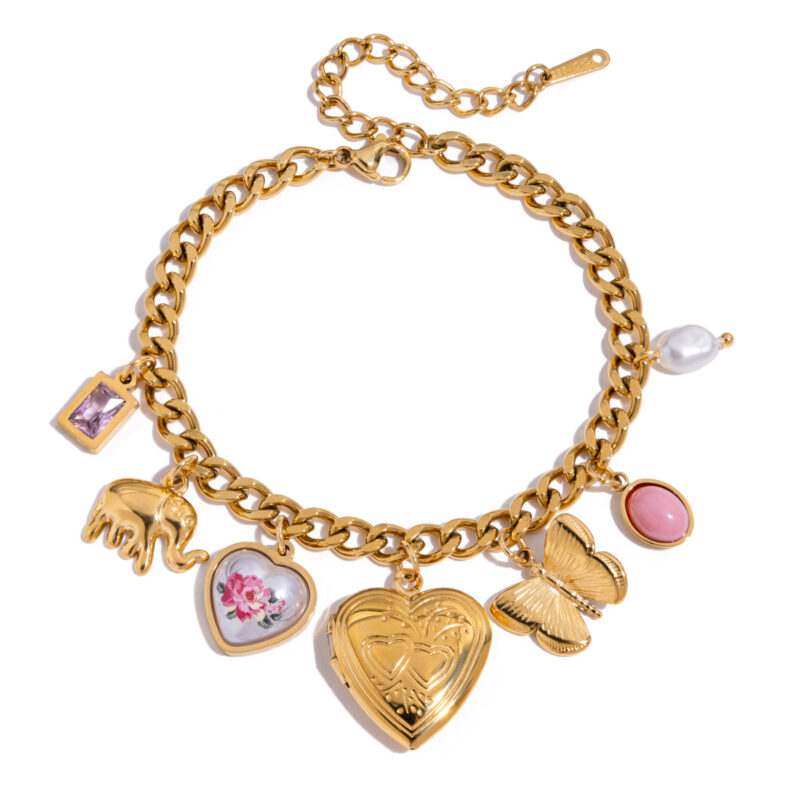 Romantic Gold Pink Zirconia Elephant Butterfly Bracelet