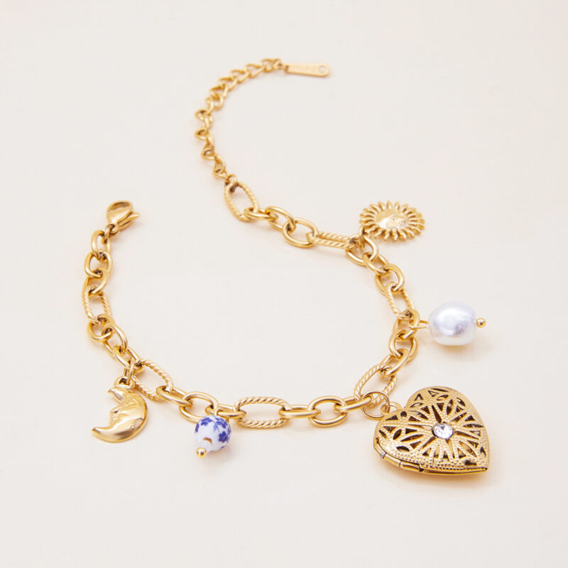Romantic Gold Ceramic Pearl Smiley Sun Moon Bracelet - Image 4