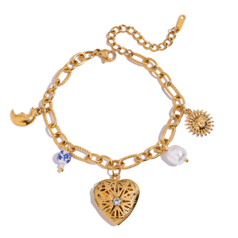 Romantic Gold Ceramic Pearl Smiley Sun Moon Bracelet