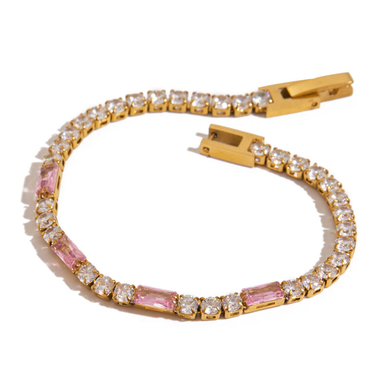Classic Gold Pink Rectangular White Round Zirconia Bracelet