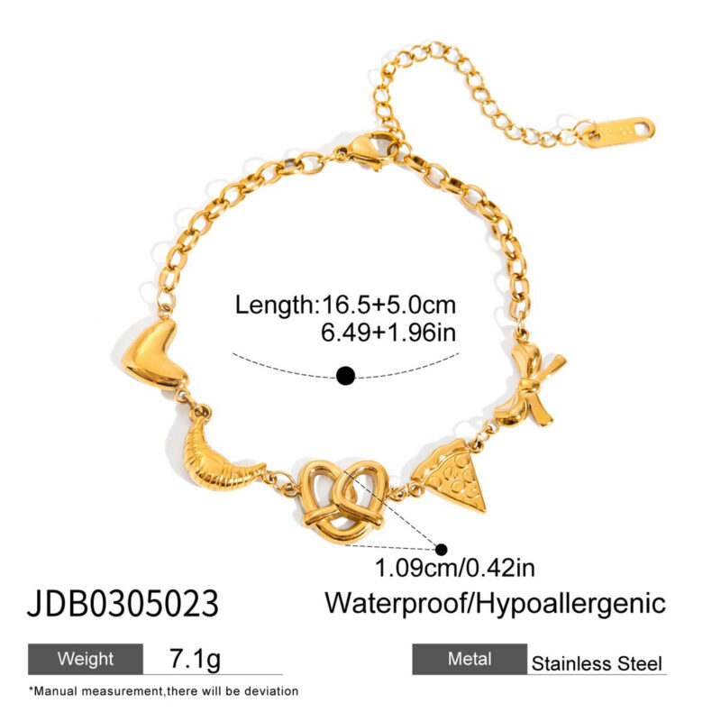 Romantic Gold Heart Croissant Pretzel Pizza Bracelet - Image 4