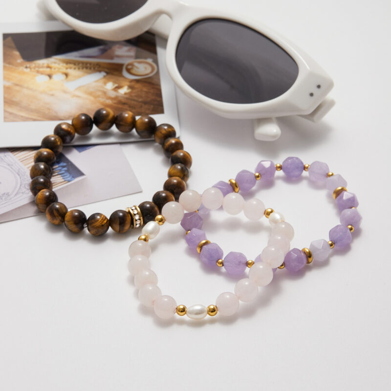 Gold Stainless Steel Amethyst Stone Beaded Bracelet - Image 5