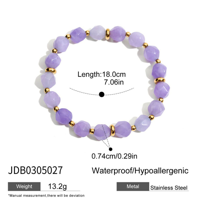 Gold Stainless Steel Amethyst Stone Beaded Bracelet - Image 6