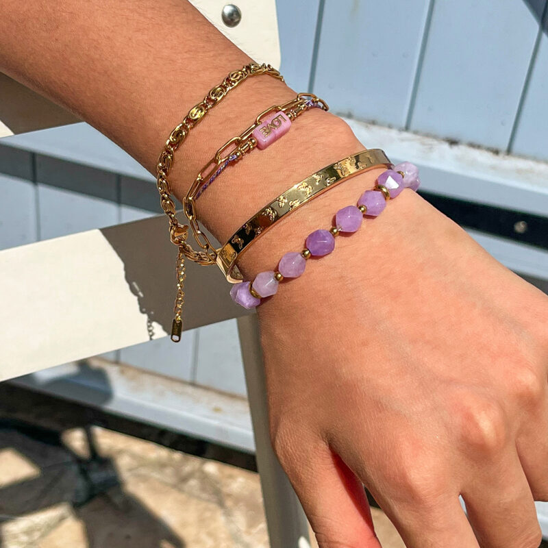 Gold Stainless Steel Amethyst Stone Beaded Bracelet - Image 2