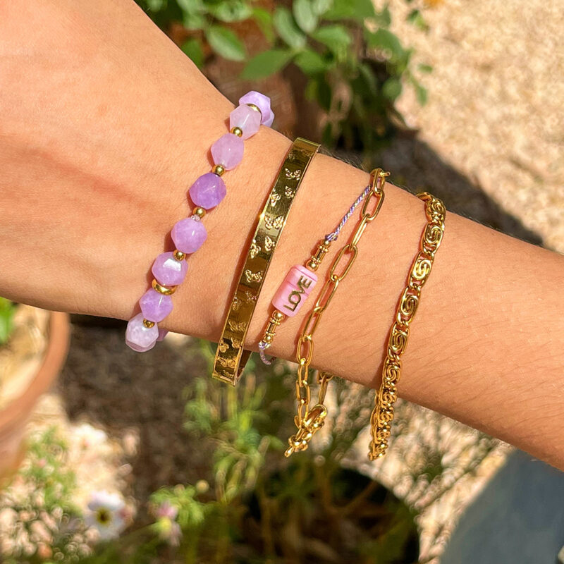 Gold Stainless Steel Amethyst Stone Beaded Bracelet - Image 3