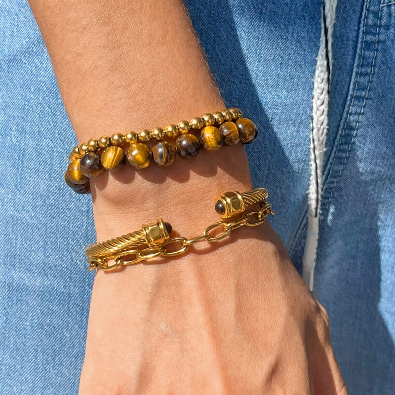 Gold Stainless Steel Tiger Eye Crystal Bead Bracelet - Image 2