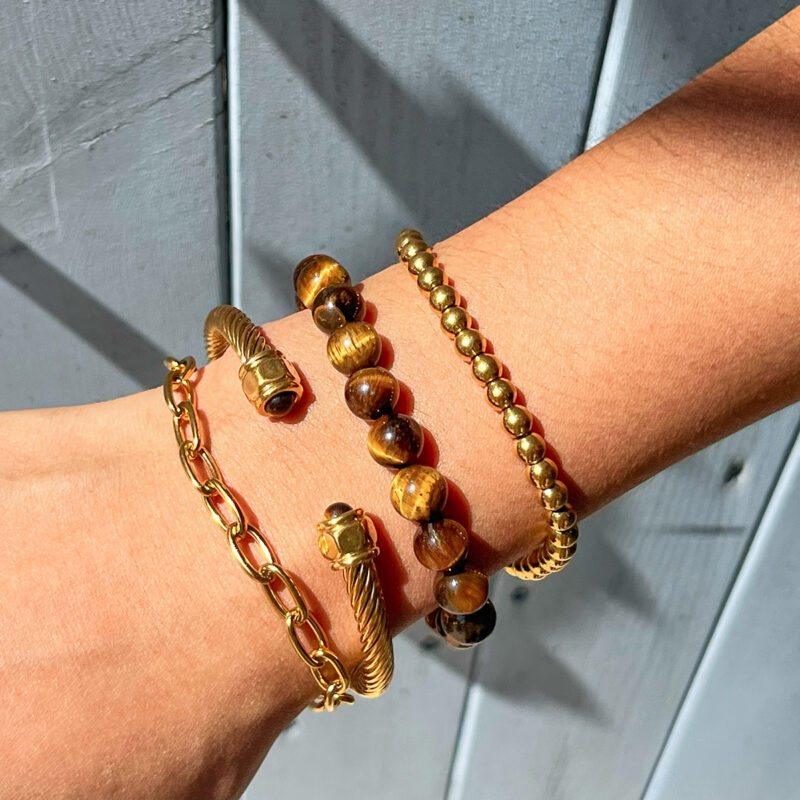 Gold Stainless Steel Tiger Eye Crystal Bead Bracelet - Image 3