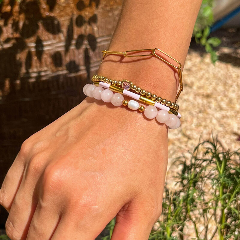 Gold Stainless Steel Pink Crystal Freshwater Pearl Bracelet - Image 2