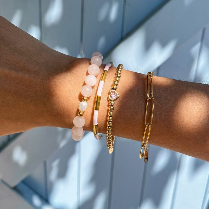 Gold Stainless Steel Pink Crystal Freshwater Pearl Bracelet - Image 3