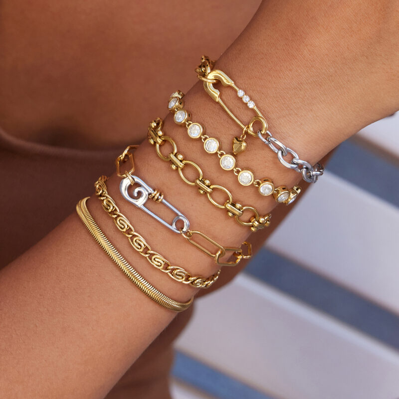 Gold Silver Zircon Pin Heart Pendant Chain Bracelet - Image 5