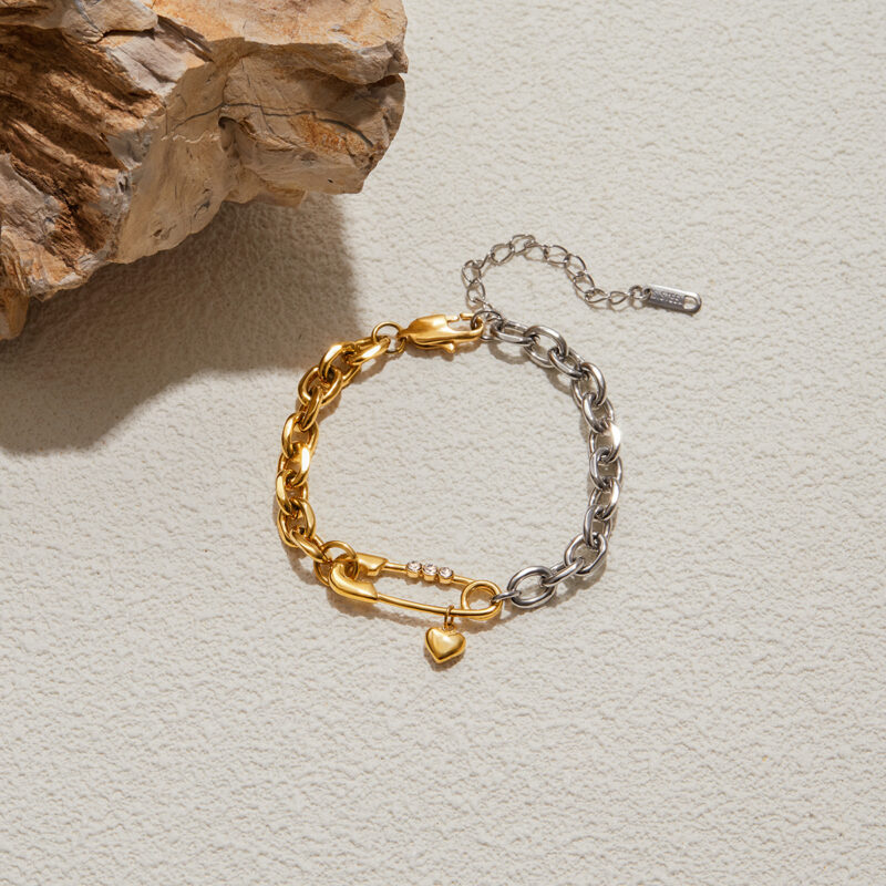 Gold Silver Zircon Pin Heart Pendant Chain Bracelet - Image 6