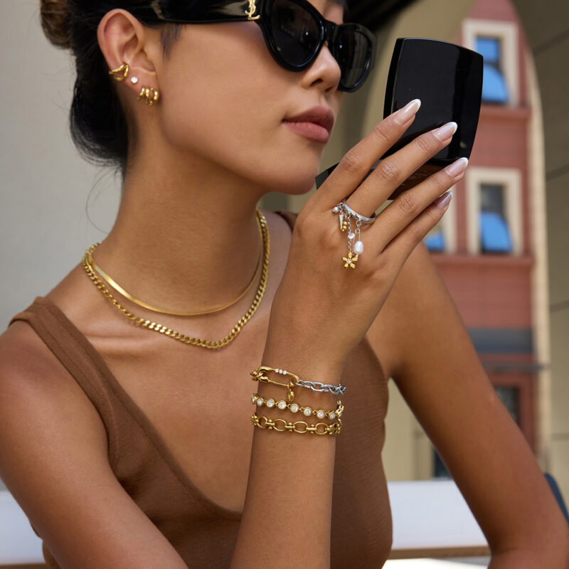 Gold Silver Zircon Pin Heart Pendant Chain Bracelet - Image 2