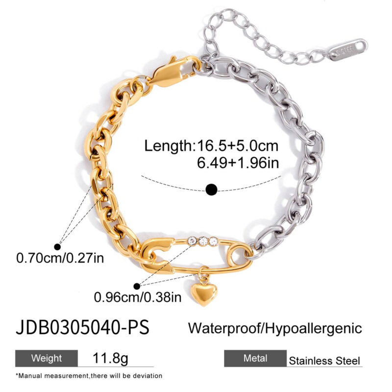Gold Silver Zircon Pin Heart Pendant Chain Bracelet - Image 7