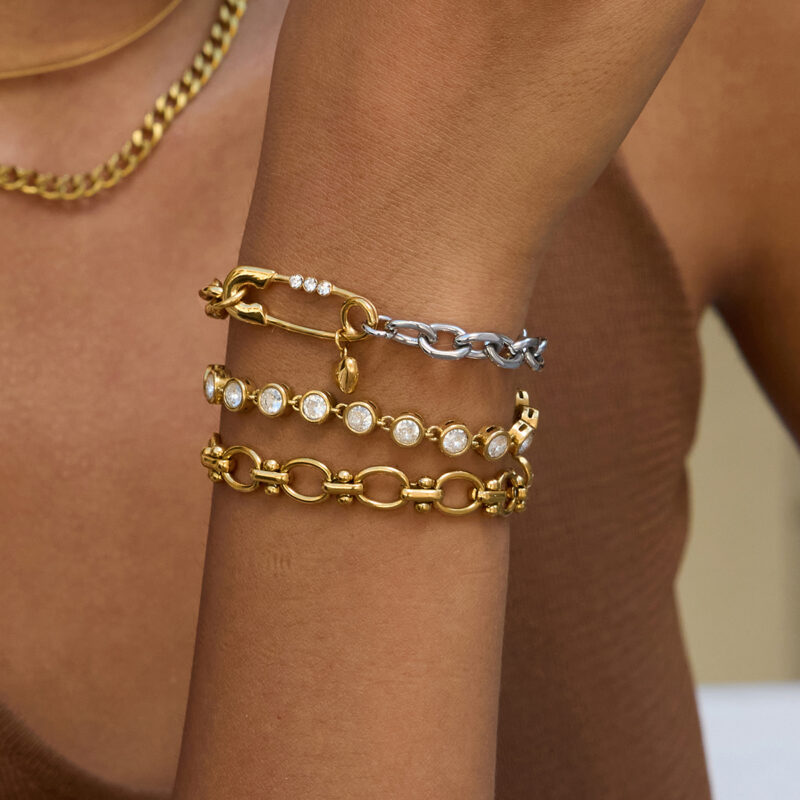Gold Silver Zircon Pin Heart Pendant Chain Bracelet - Image 4