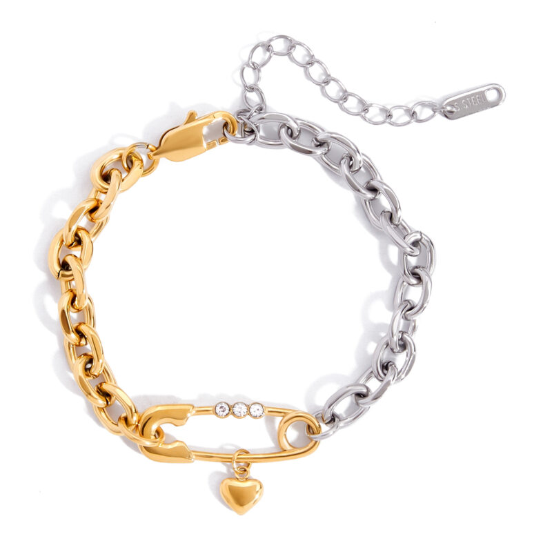 Gold Silver Zircon Pin Heart Pendant Chain Bracelet