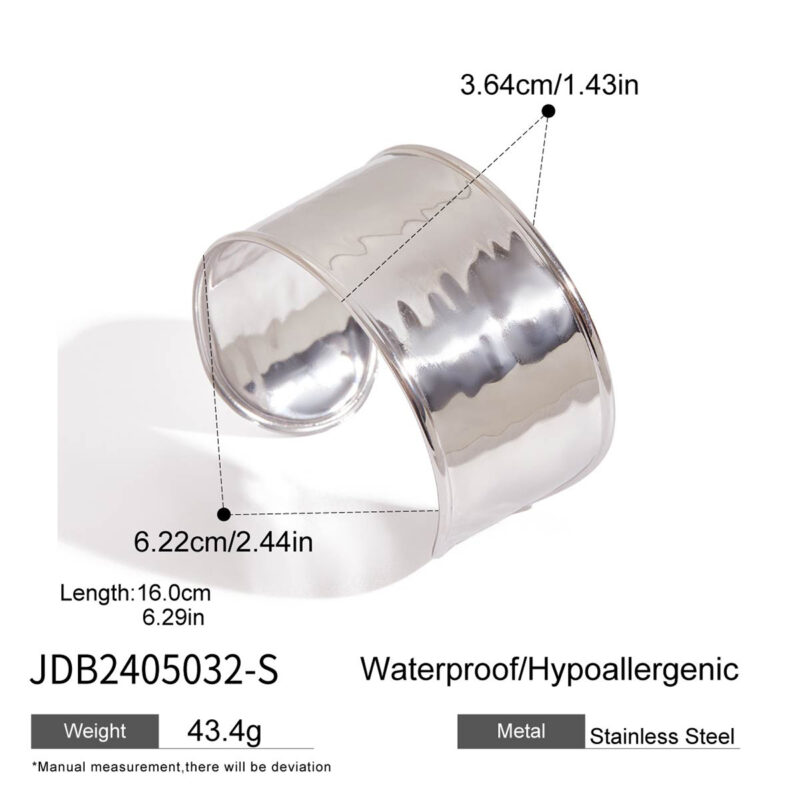 Steel Wide Hammered Open Cuff Bracelet - Image 5