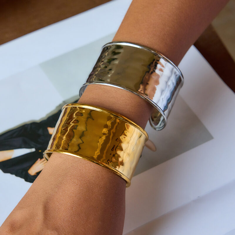 Steel Wide Hammered Open Cuff Bracelet - Image 4