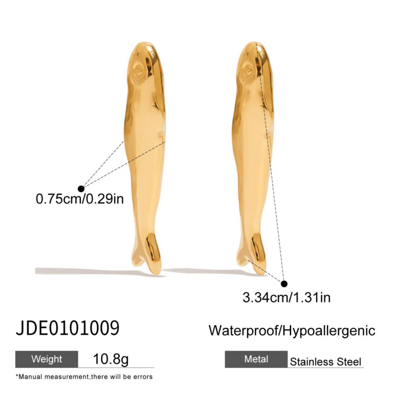 Minimalist Gold Tone Hammered Large Fish Earrings - Image 5