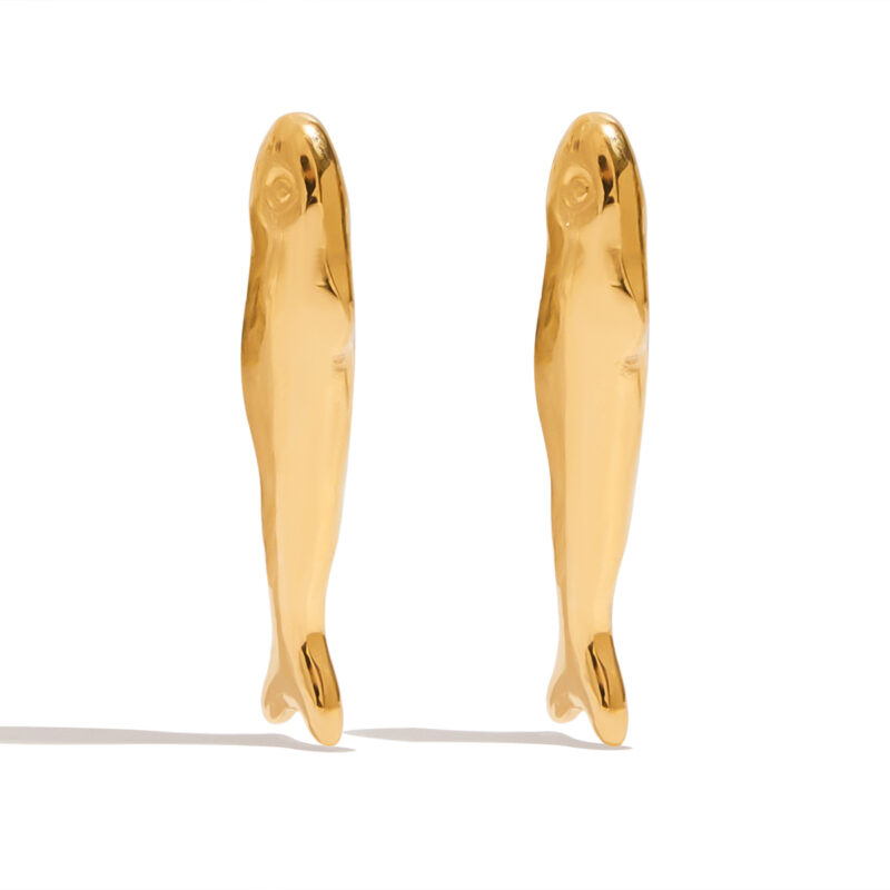Minimalist Gold Tone Hammered Large Fish Earrings
