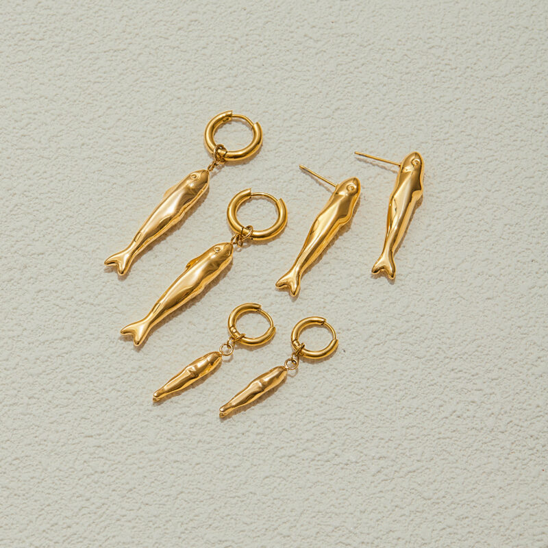 Gold Small Fish Pendant Earrings - Image 4