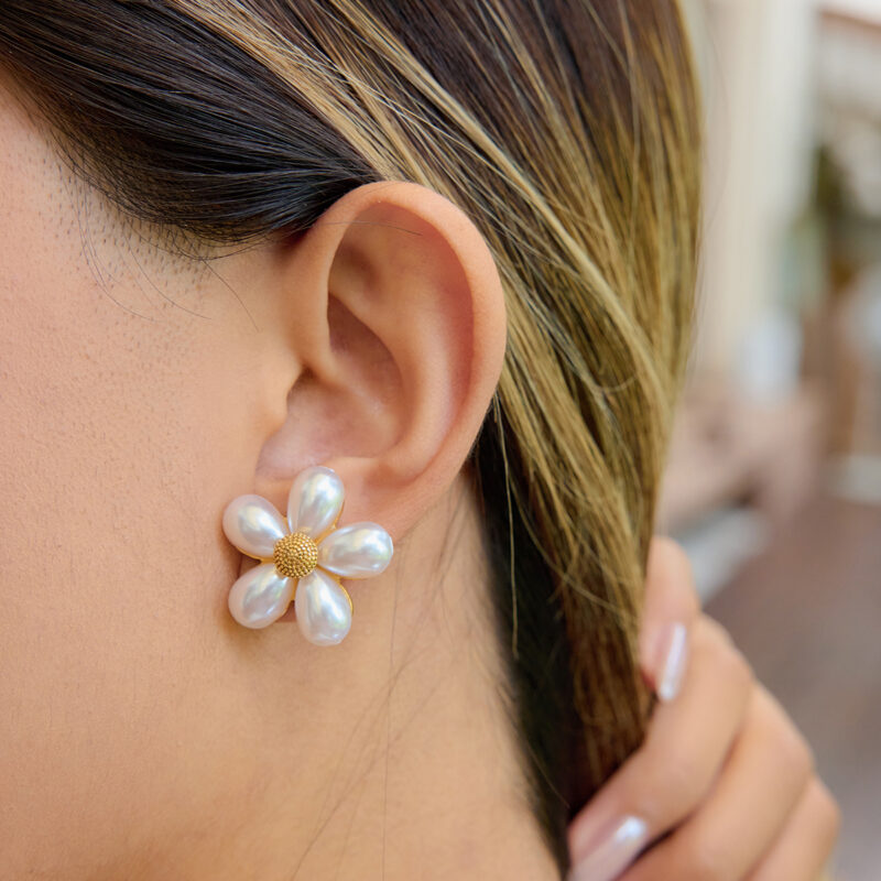 Five Petal Pearl Flower Earrings - Image 2