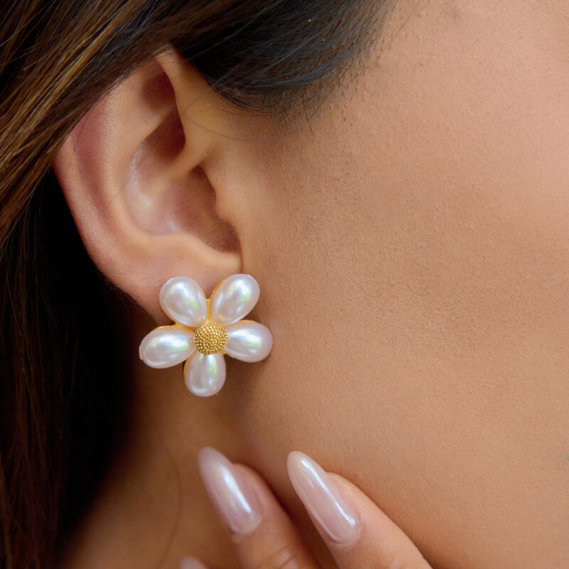 Five Petal Pearl Flower Earrings - Image 3
