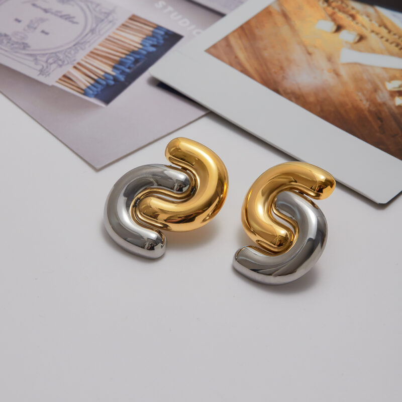 Minimalist Two Tone Gold Silver Double C Earrings - Image 3