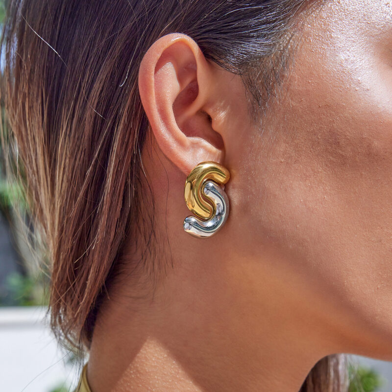 Minimalist Two Tone Gold Silver Double C Earrings - Image 2