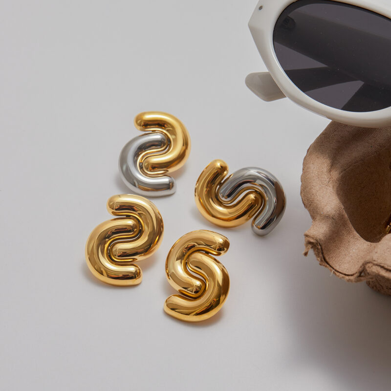 Minimalist Two Tone Gold Silver Double C Earrings - Image 4