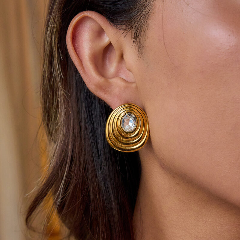 Minimalist Gold Round White Zirconia Ribbed Earrings - Image 2