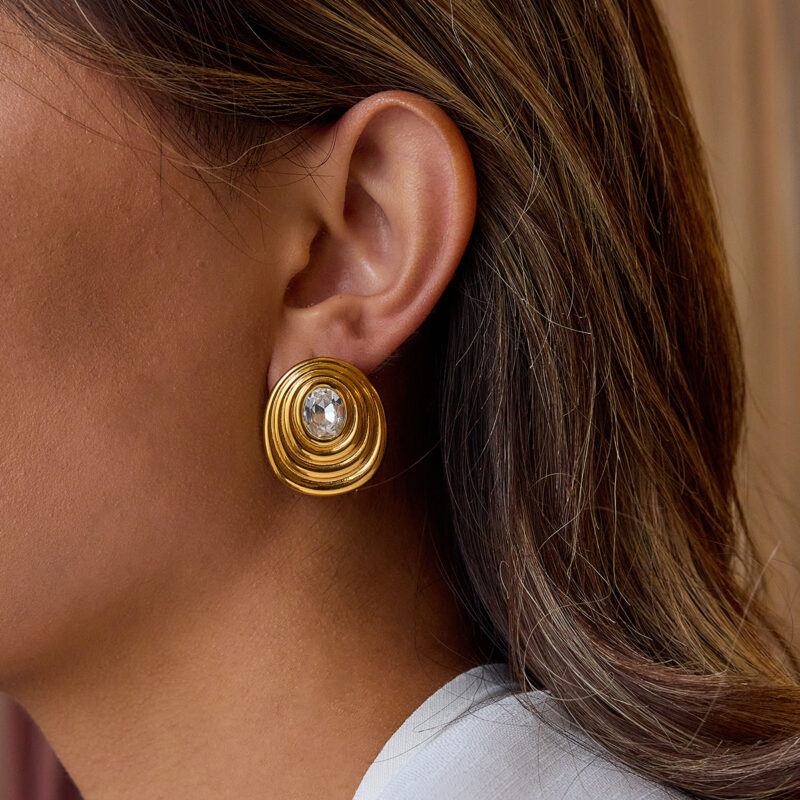 Minimalist Gold Round White Zirconia Ribbed Earrings - Image 3