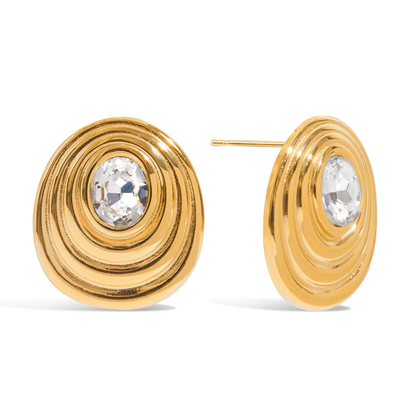 Minimalist Gold Round White Zirconia Ribbed Earrings