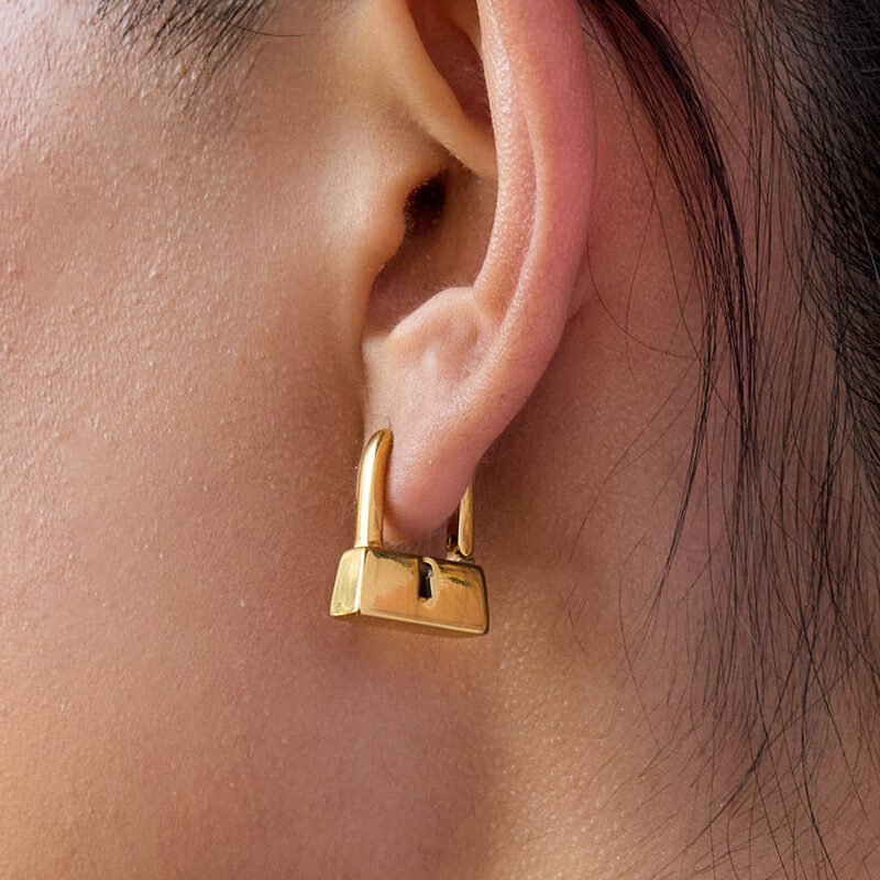 Classic Gold Lock Shaped Earrings - Image 2