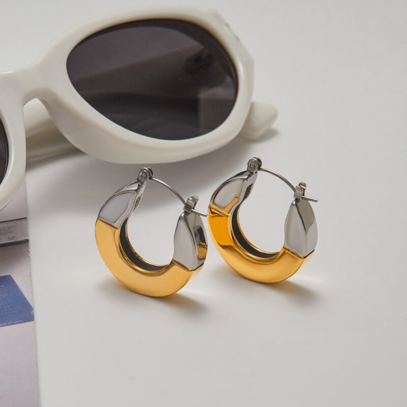 Classic Two Tone Gold Silver Geometric Earrings - Image 4