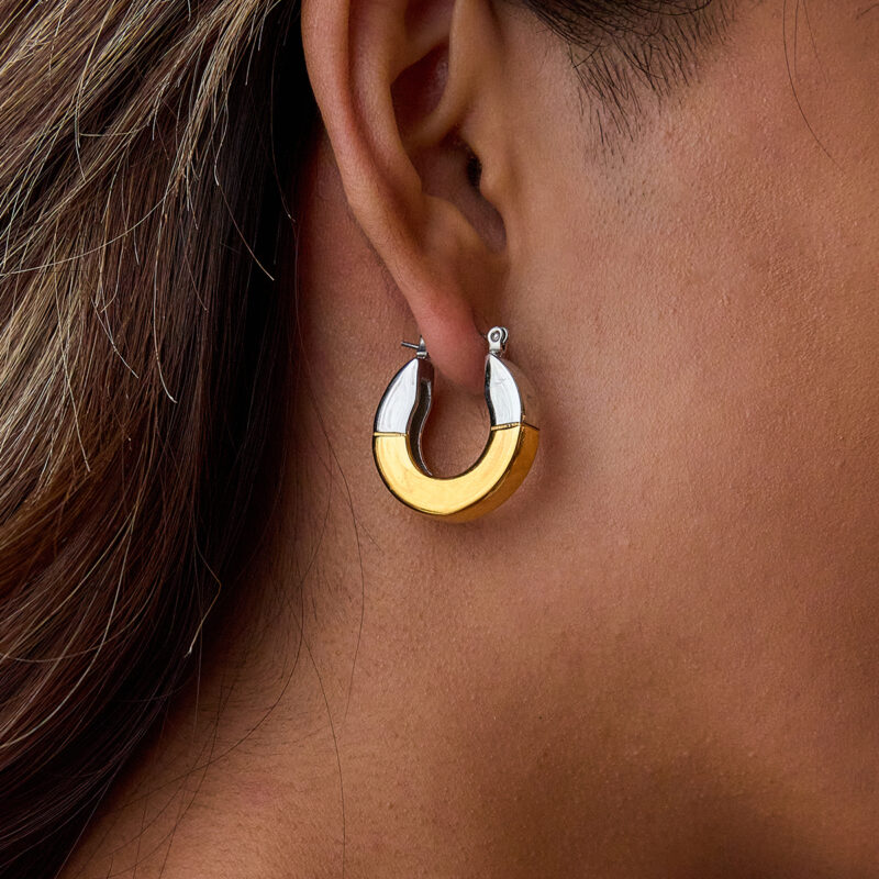 Classic Two Tone Gold Silver Geometric Earrings - Image 3