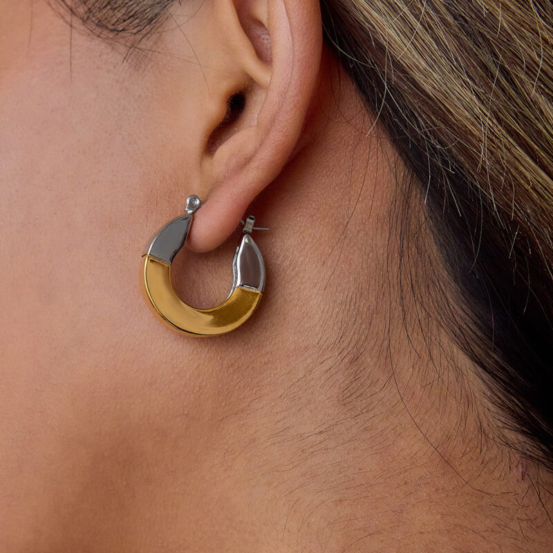 Classic Two Tone Gold Silver Geometric Earrings - Image 2