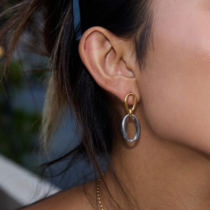 Dual Tone Circle Drop Earrings Gold Silver - Image 3