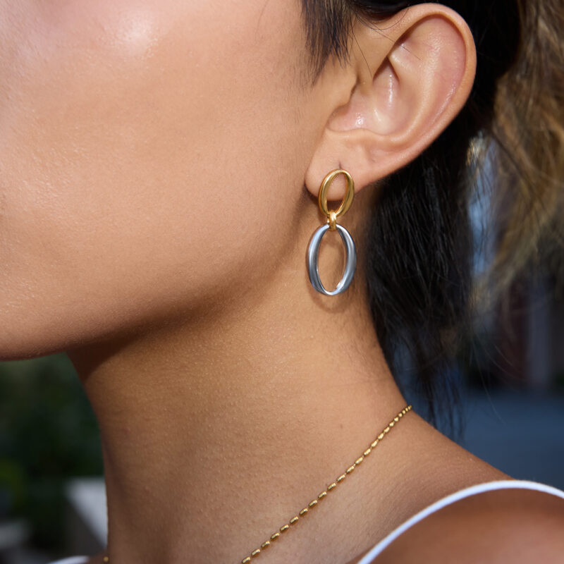 Dual Tone Circle Drop Earrings Gold Silver - Image 2