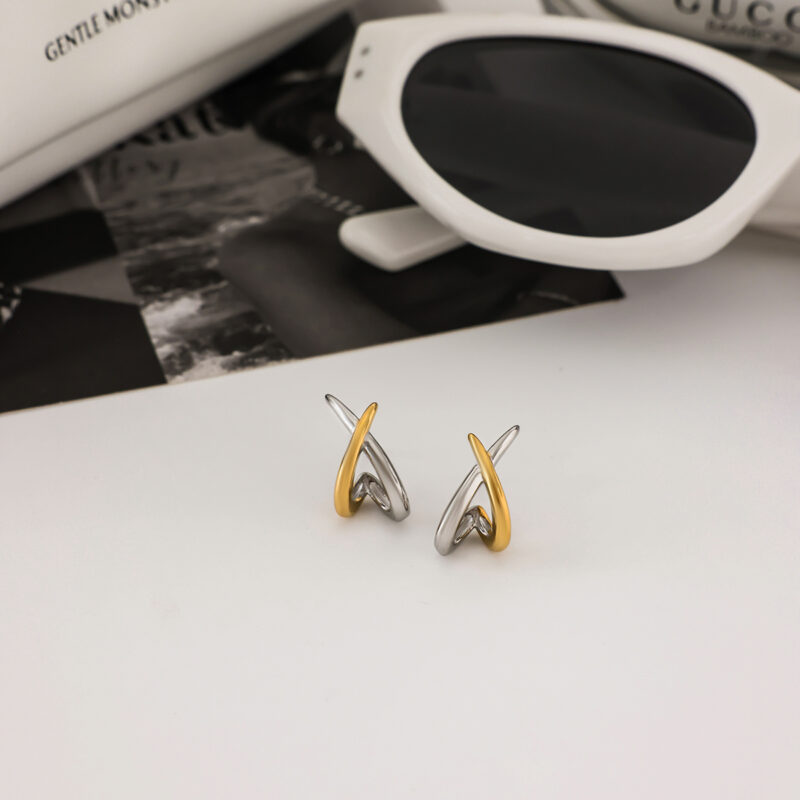 Two Tone Crossover Hoop Earrings Minimalist Jewelry - Image 4