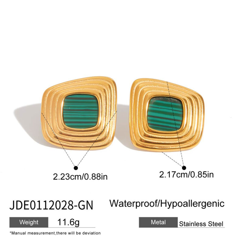 Vintage Gold Malachite Ribbed Geometric Earrings - Image 5