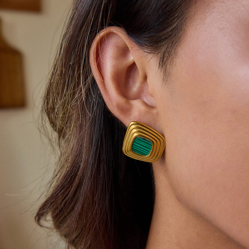 Vintage Gold Malachite Ribbed Geometric Earrings - Image 4