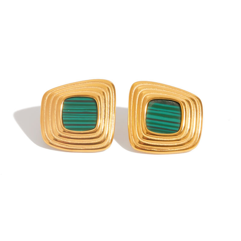 Vintage Gold Malachite Ribbed Geometric Earrings