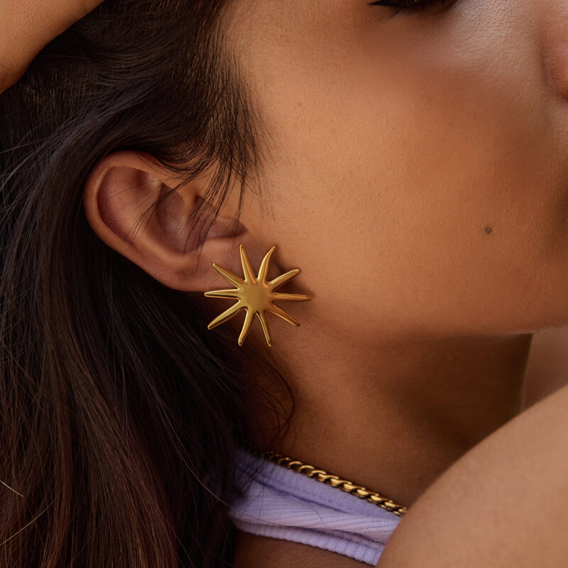 Minimalist Gold Polished Sunflower Earrings - Image 2