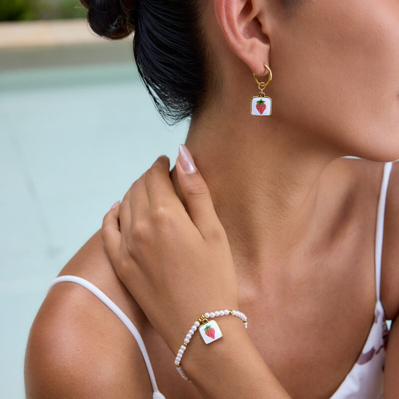 Romantic Gold Enamel Strawberry Print Earrings - Image 2