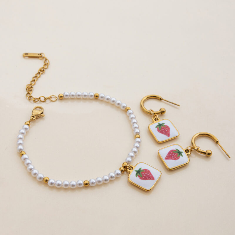 Romantic Gold Enamel Strawberry Print Earrings - Image 4