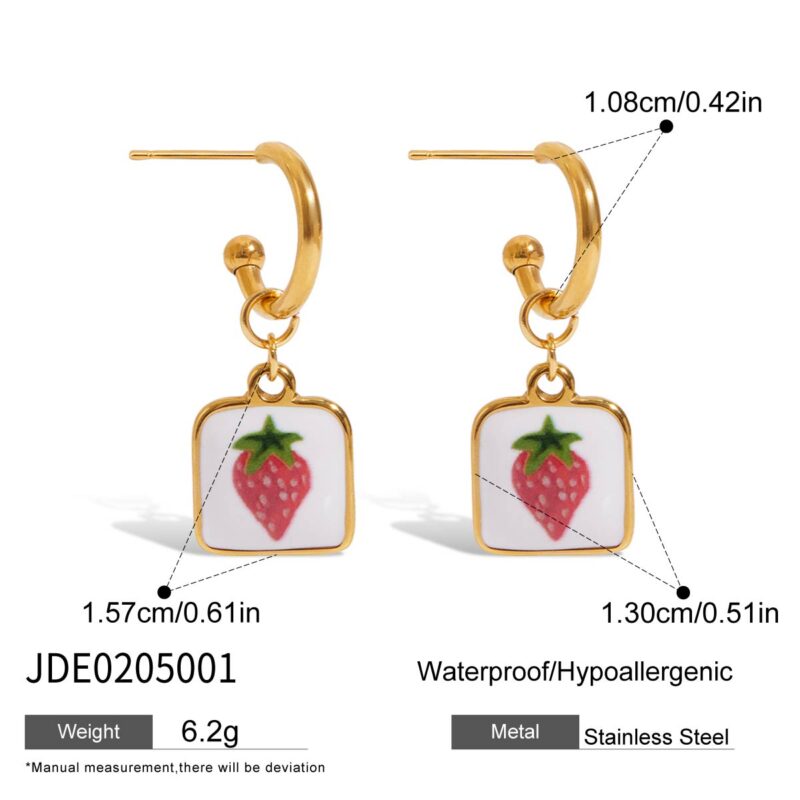 Romantic Gold Enamel Strawberry Print Earrings - Image 5